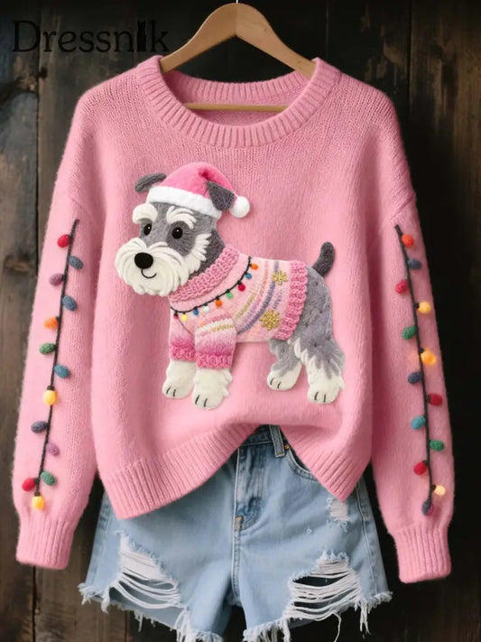 Damen Weihnachts schnauzer Hunde filz Kunst Gemütlicher Strick pullover Rosa / S