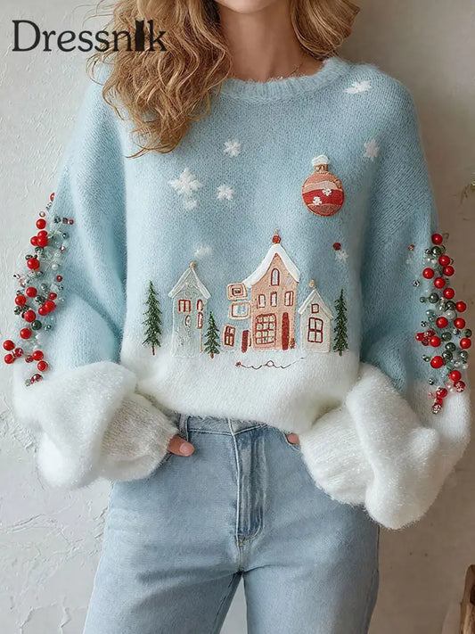 Damen Weihnachts schnee dorf bedruckte Tops hellblau / S