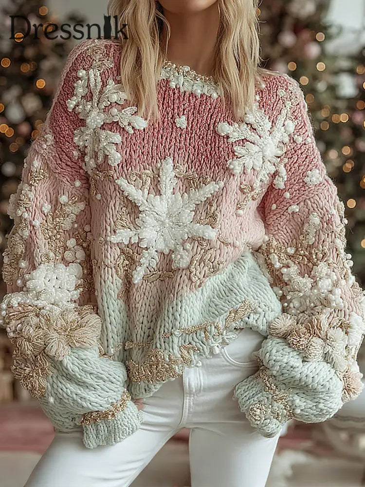 Damen-Weihnachts schneeflocke bedruckte Oberteile Rosa / S