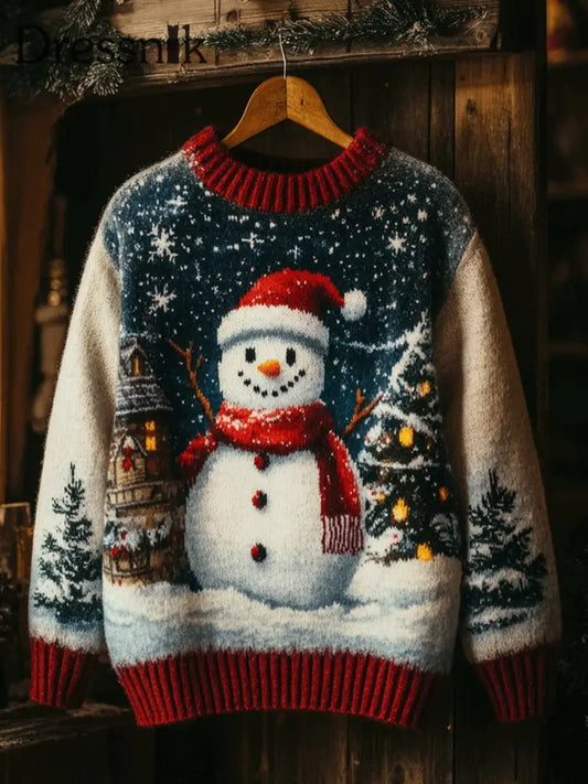 Damen Weihnachts schneemann Print Kunst Casual Strick pullover als bild / S