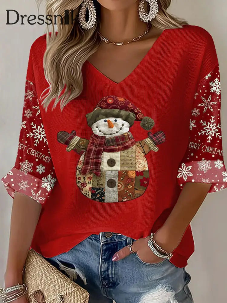 Damen Weihnachts schneemann Waffel T-Shirt Rot / S