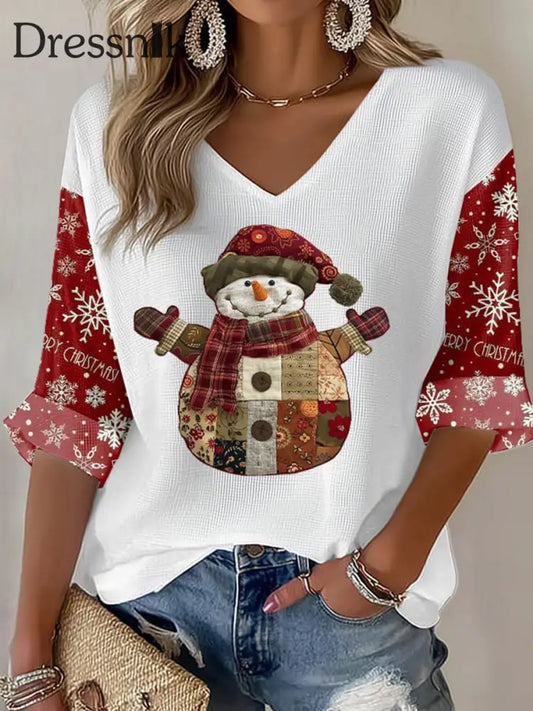 Damen Weihnachts schneemann Waffel T-Shirt Weiß / S