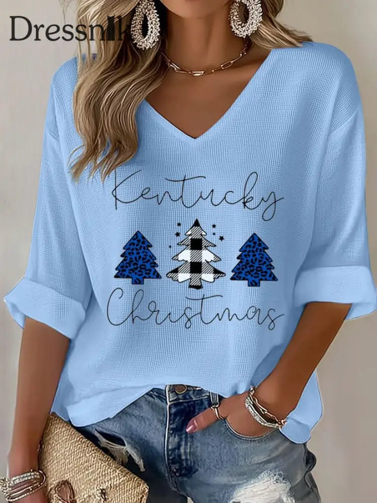 Damen-Weihnachts-Waffel-T-Shirt Hellblau / S