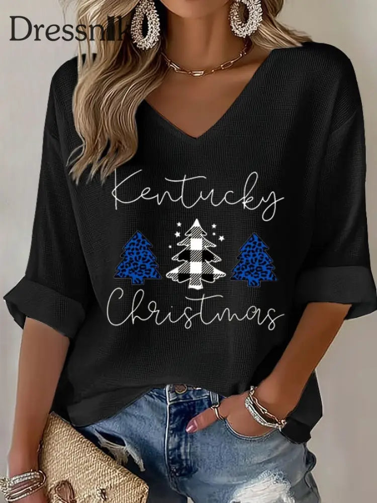Damen-Weihnachts-Waffel-T-Shirt Schwarz / S
