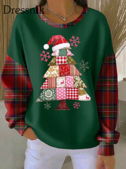 Damen-Weihnachtsbaum-Druck geripptes Rundhals-Sweatshirt Grün / S