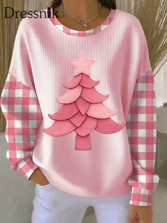 Damen-Weihnachtsbaum-Druck geripptes Rundhals-Sweatshirt Rosa / S