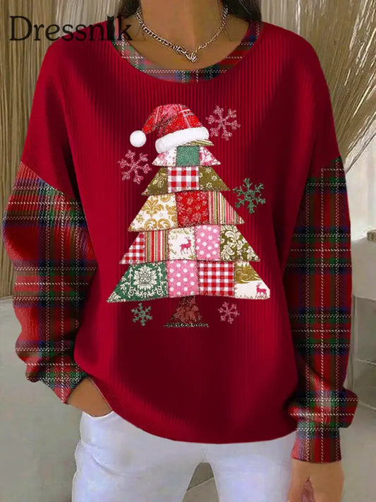 Damen-Weihnachtsbaum-Druck geripptes Rundhals-Sweatshirt Rot / S