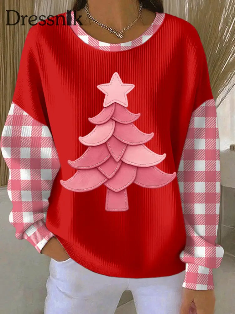 Damen-Weihnachtsbaum-Druck geripptes Rundhals-Sweatshirt Rot / S