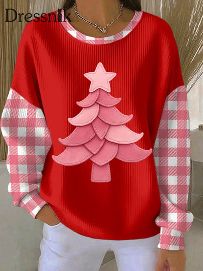 Damen-Weihnachtsbaum-Druck geripptes Rundhals-Sweatshirt Rot / S
