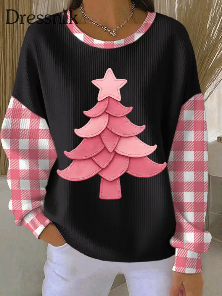 Damen-Weihnachtsbaum-Druck geripptes Rundhals-Sweatshirt Schwarz / S