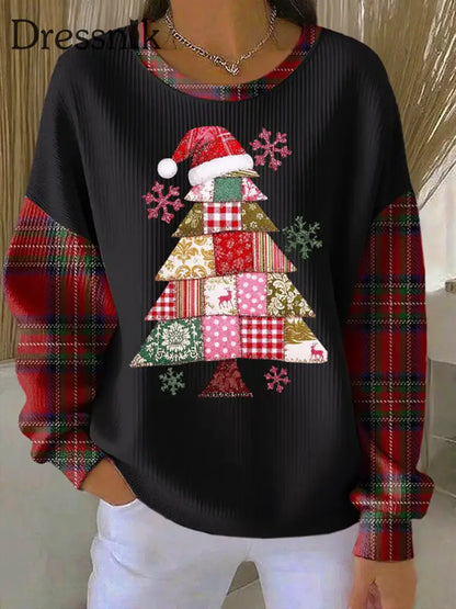 Damen-Weihnachtsbaum-Druck geripptes Rundhals-Sweatshirt Schwarz / S