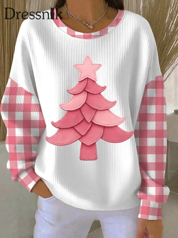 Damen-Weihnachtsbaum-Druck geripptes Rundhals-Sweatshirt Weiß / S