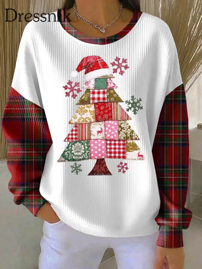 Damen-Weihnachtsbaum-Druck geripptes Rundhals-Sweatshirt Weiß / S