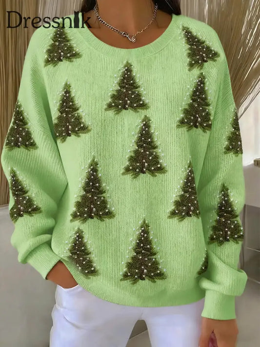Damen-Weihnachtsbaum-Print-Sweatshirt mit Rundhals ausschnitt hellgrün / S