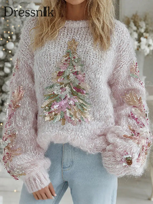 Damen-Weihnachtsbaum-Print-Tops Rosa / S