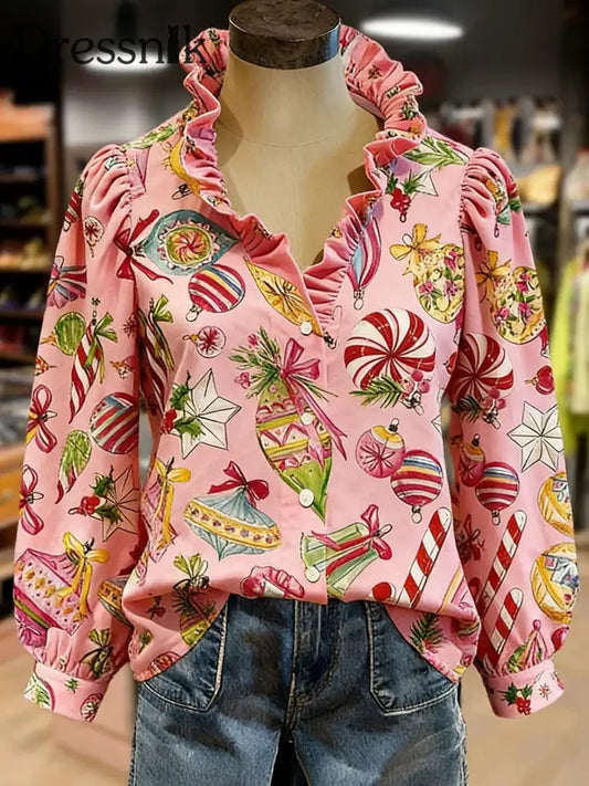 Damen-Weihnachtsdruck-Oberteil mit Rüschen kragen als bild / S