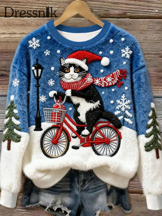 Damen Weihnachtskatze-Kunst-Flanell-Sweatshirt als bild / S