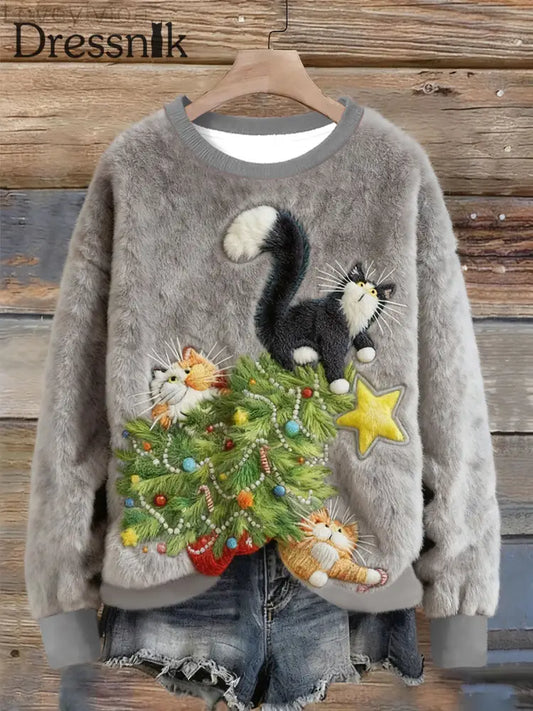 Damen Weihnachtskatze-Kunst-Flanell-Sweatshirt Grau / S