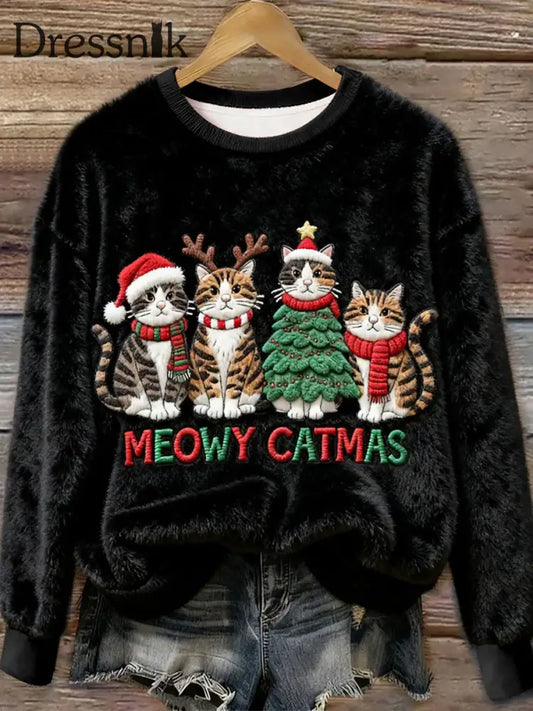 Damen Weihnachtskatze-Kunst-Flanell-Sweatshirt Schwarz / S