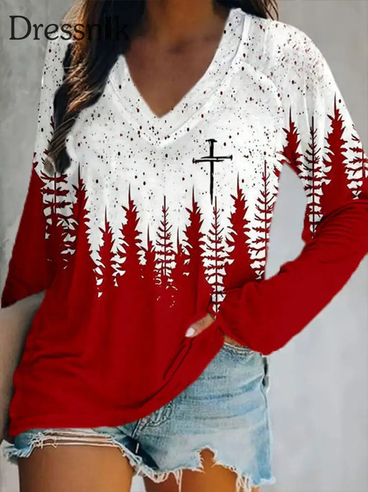 Damen-Weihnachtskreuz-Druck-lässiges T-Shirt Rot / S