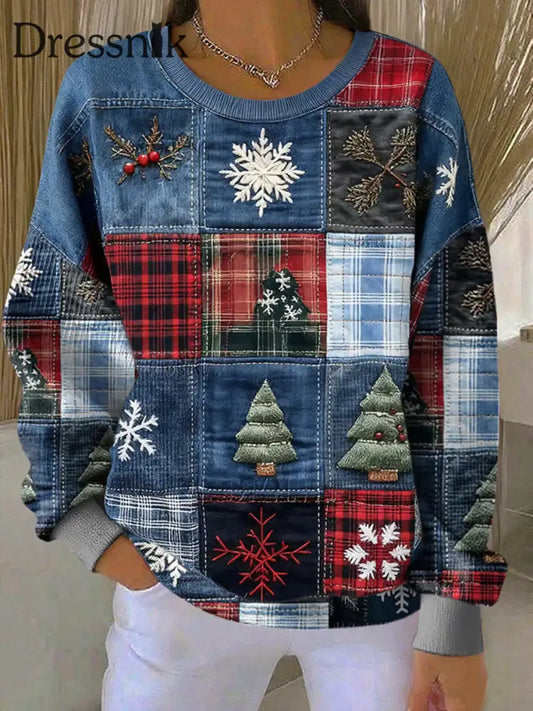Damen-Weihnachtskunst-Druck-Rundhals-Sweatshirt mit langen Ärmeln als bild / S