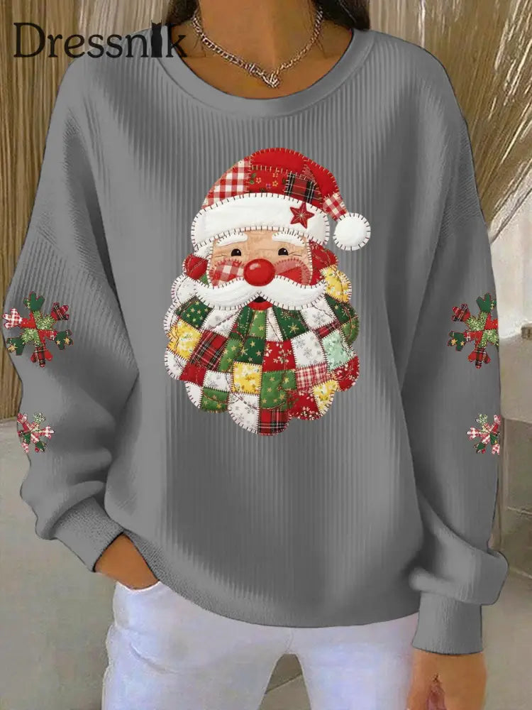 Damen Weihnachtsmann-Druck geripptes Rundhals-Sweatshirt Grau / S