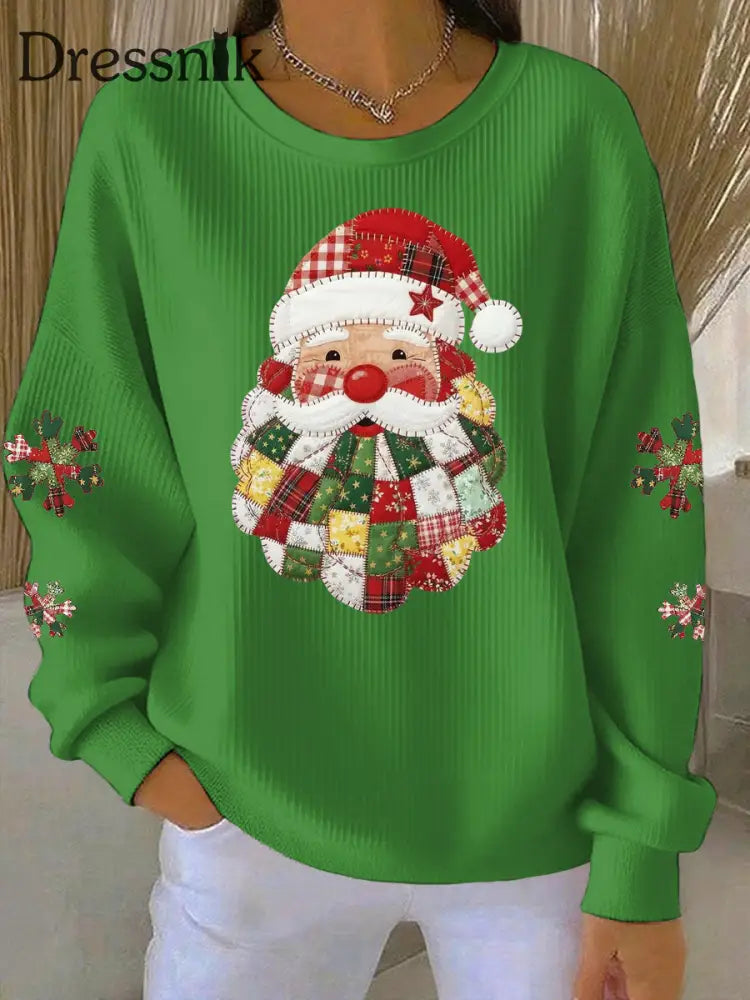 Damen Weihnachtsmann-Druck geripptes Rundhals-Sweatshirt Grün / S