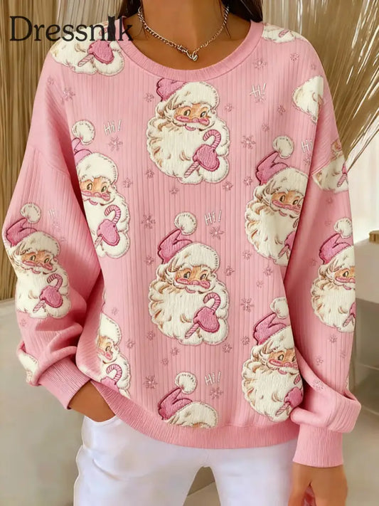 Damen Weihnachtsmann-Druck Geripptes Rundhals-Sweatshirt Rosa / S