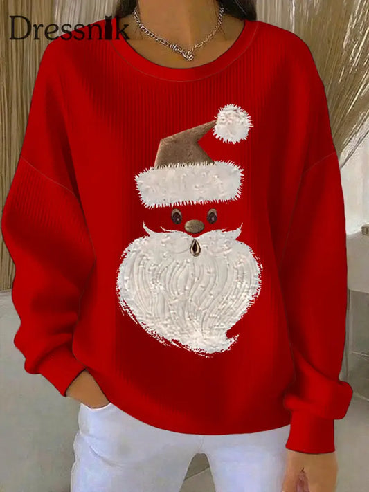 Damen Weihnachtsmann-Druck Geripptes Rundhals-Sweatshirt Rot / S