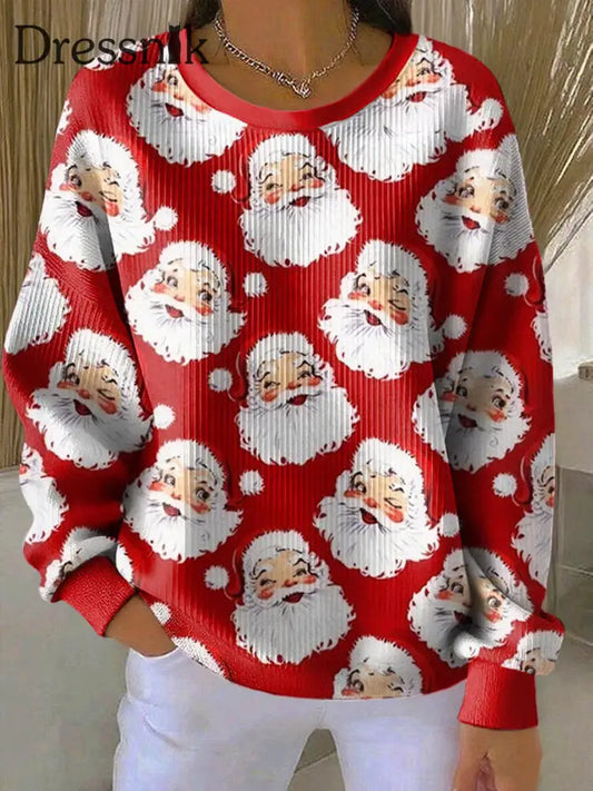 Damen Weihnachtsmann-Druck Geripptes Rundhals-Sweatshirt Rot / S
