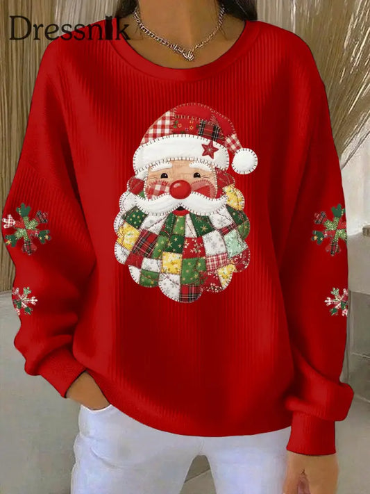 Damen Weihnachtsmann-Druck geripptes Rundhals-Sweatshirt Rot / S