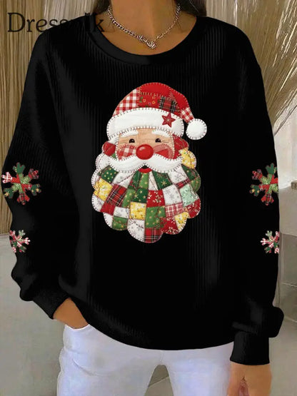 Damen Weihnachtsmann-Druck geripptes Rundhals-Sweatshirt Schwarz / S