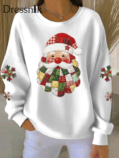 Damen Weihnachtsmann-Druck geripptes Rundhals-Sweatshirt Weiß / S