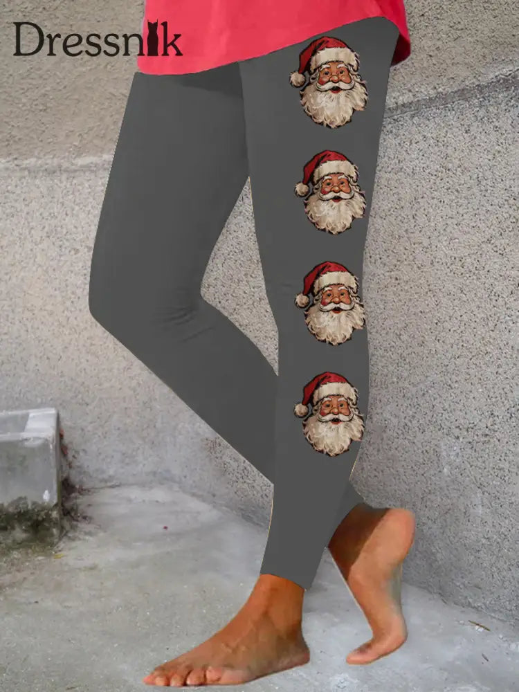 Damen-Weihnachtsmann-Druck lässige Leggings Grau / S
