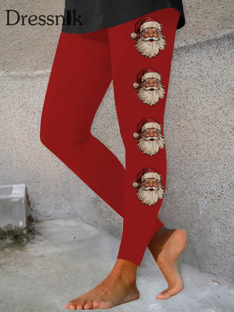 Damen-Weihnachtsmann-Druck lässige Leggings Rot / S