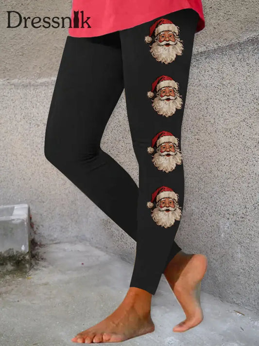 Damen-Weihnachtsmann-Druck lässige Leggings Schwarz / S