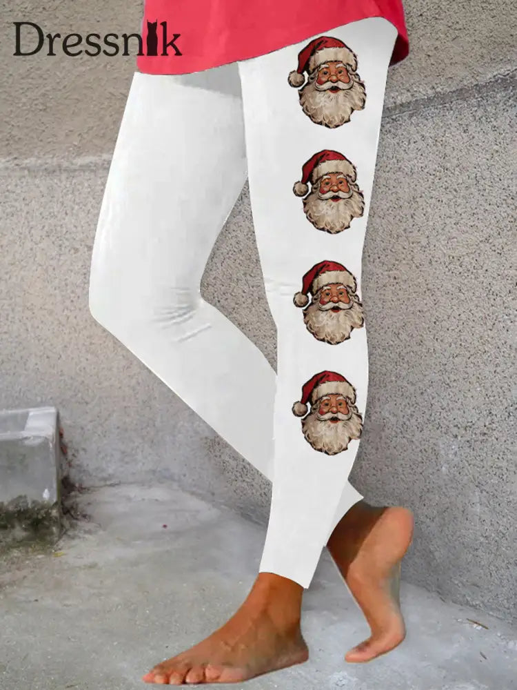 Damen-Weihnachtsmann-Druck lässige Leggings Weiß / S