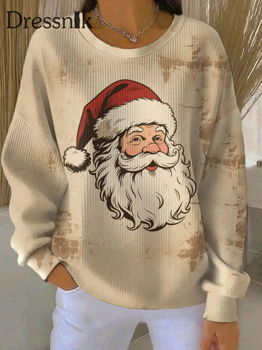 Damen-Weihnachtsmann-Print Geripptes Rundhals-Sweatshirt als bild / S