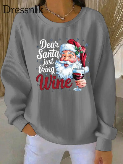 Damen-Weihnachtsmann-Print Geripptes Rundhals-Sweatshirt Grau / S