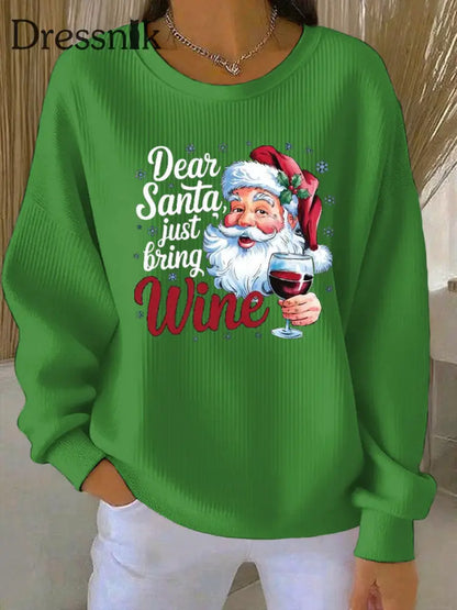 Damen-Weihnachtsmann-Print Geripptes Rundhals-Sweatshirt Grün / S
