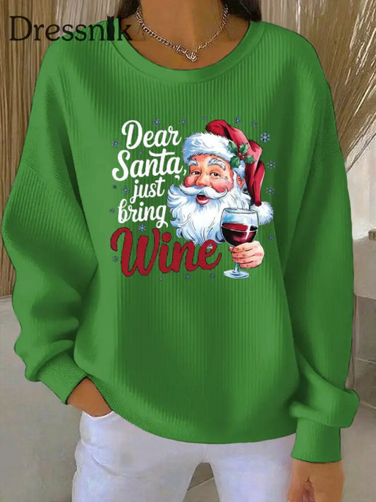 Damen-Weihnachtsmann-Print Geripptes Rundhals-Sweatshirt Grün / S
