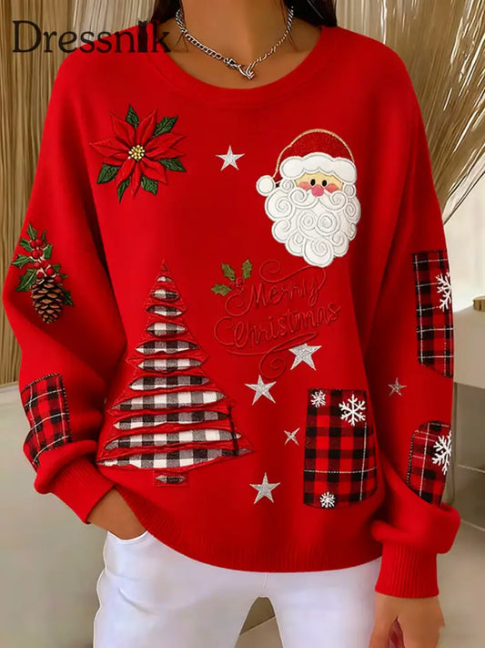 Damen-Weihnachtsmann-Print Geripptes Rundhals-Sweatshirt Rot / S