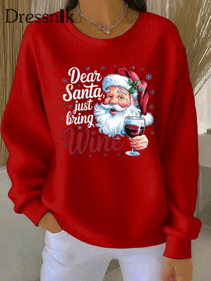 Damen-Weihnachtsmann-Print Geripptes Rundhals-Sweatshirt Rot / S