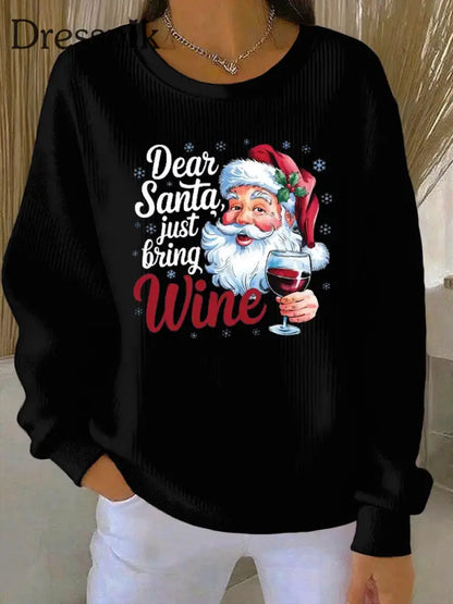 Damen-Weihnachtsmann-Print Geripptes Rundhals-Sweatshirt Schwarz / S