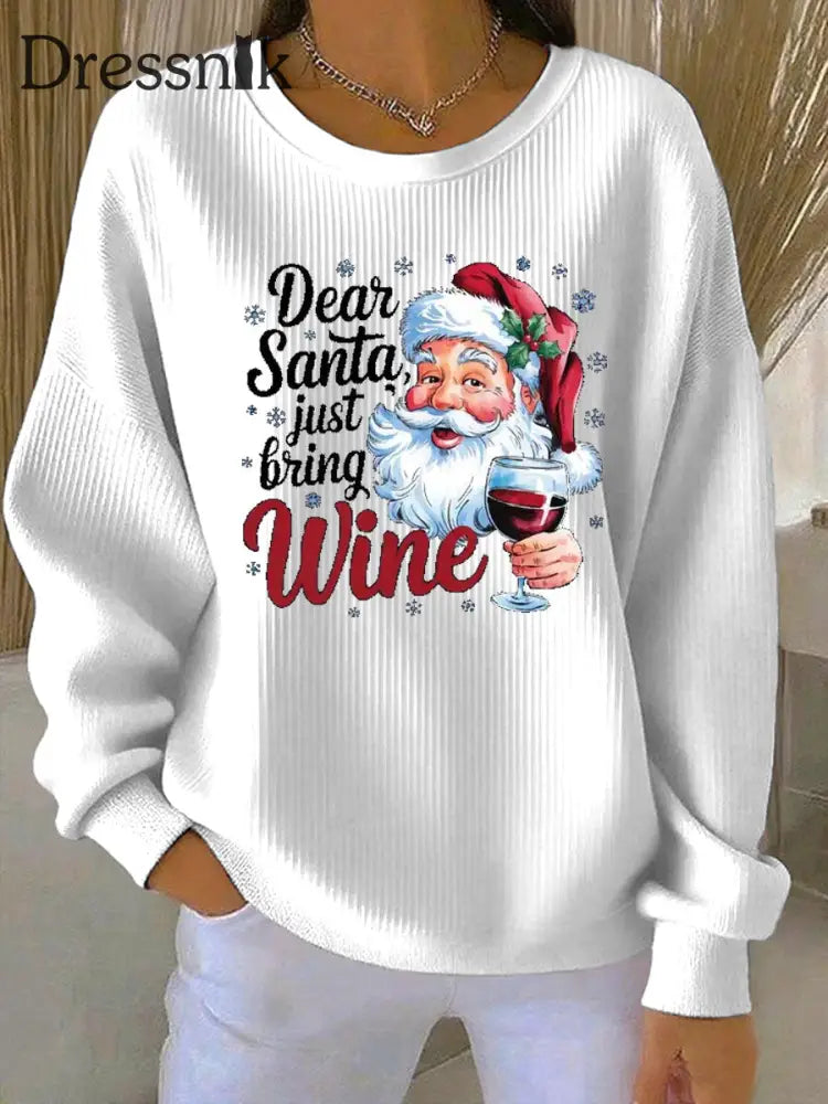 Damen-Weihnachtsmann-Print Geripptes Rundhals-Sweatshirt Weiß / S