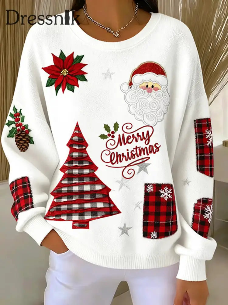 Damen-Weihnachtsmann-Print Geripptes Rundhals-Sweatshirt Weiß / S