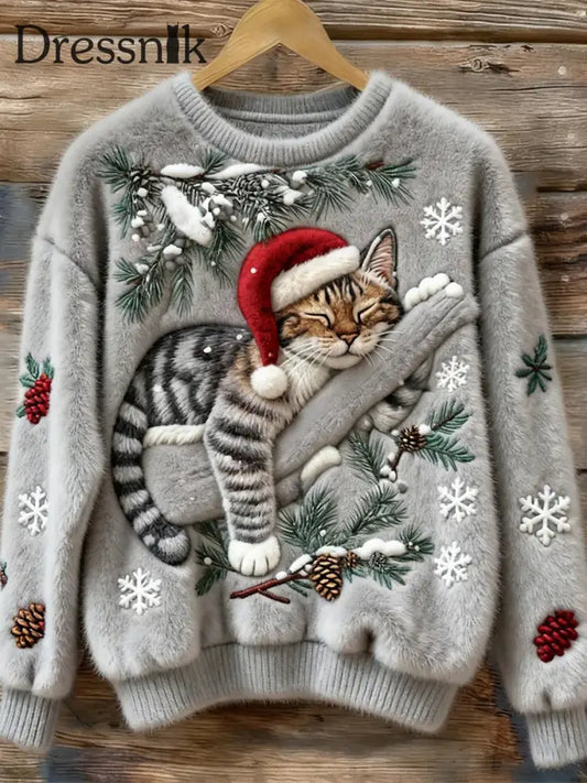 Damen-Weihnachtsschlaf-Katzen-Flanell-Sweatshirt Hellgrau / S