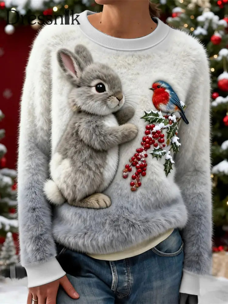 Damen-Weihnachtsschneeflocke-Kaninchen-Flanell-Hoodie Grau / S