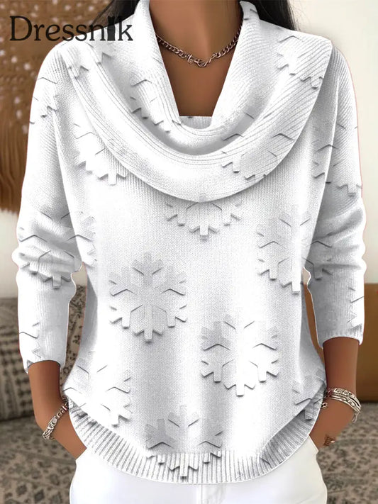 Damen weiße Schneeflocke 3D-gedrucktes Herbst Winter Top Weiß / S