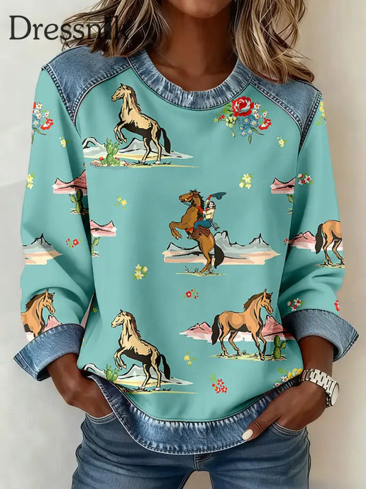 Damen Western Horse Kunstdruck Denim Patchwork Sweatshirt als bild / S